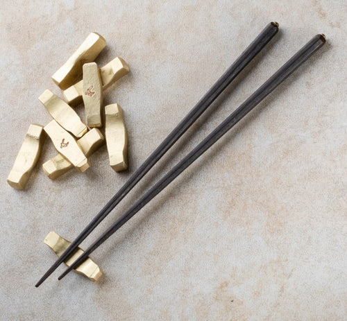 Brass Inlaid Hashi Chopsticks & Forged Brass Rest