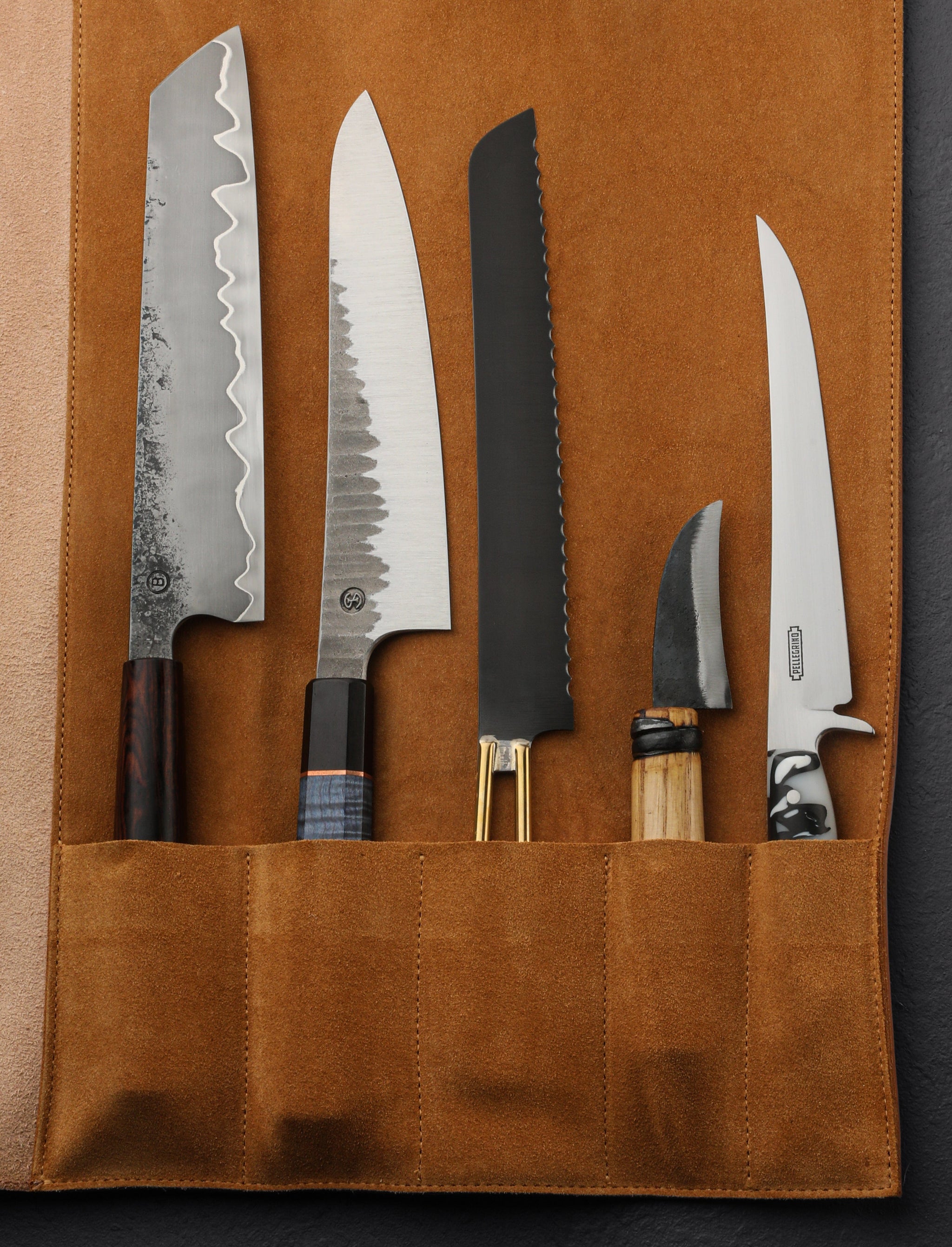 Carbon Steel Chef Knife Set With Rolling Leather Bag Green