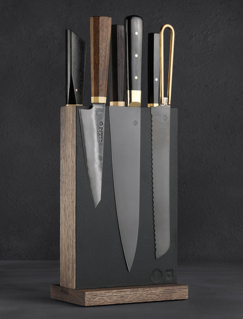 Living Steel 626 - NYC Accessories & Apparel Leather & Oak Magnetic Knife Block